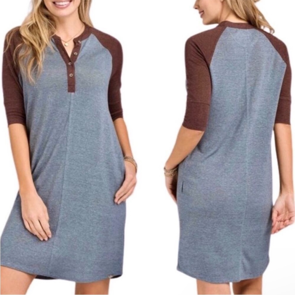 Prana Cozy Up Henley Vintage Blue Heather Raglan Half Sleeve Dress Sz M Pockets